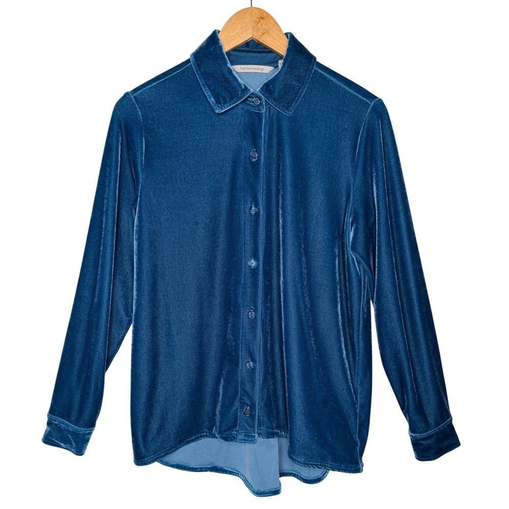 Soft Surroundings Womens The Velvet Shirt XS Button‎ Up Long Sleeve Navy Party